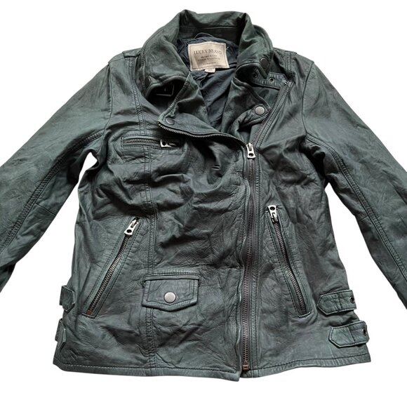 Lucky Brand motorcycle jacket distressed blue-gray lamb leather XS biker - Picture 2 of 7